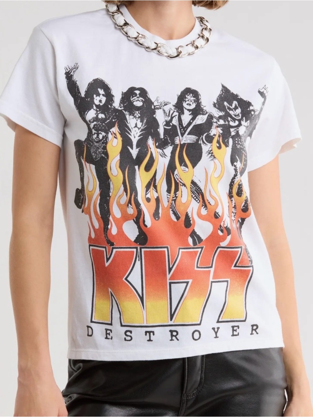 Alice + Olivia White KISS Destroyer Graphic Tee with Orange-Yellow Flame Print